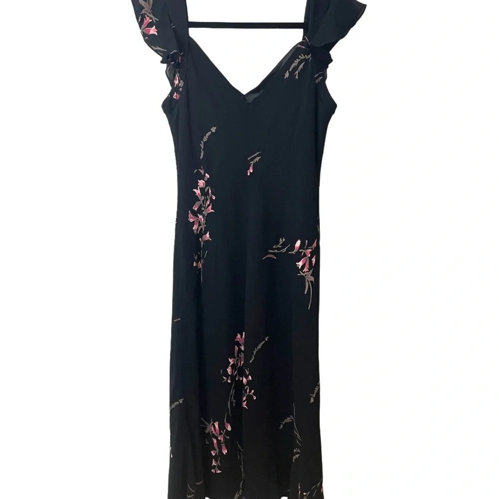 EVAN PICONE Y2K Black Floral Design Chiffon Shift Dress Ruffle Straps SZ 10 EUC - Picture 6 of 9